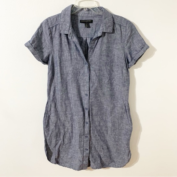Banana Republic Factory Linen Blend Chambray Shirt Dress Pockets Rolled Cuffs 0P - Picture 3 of 11